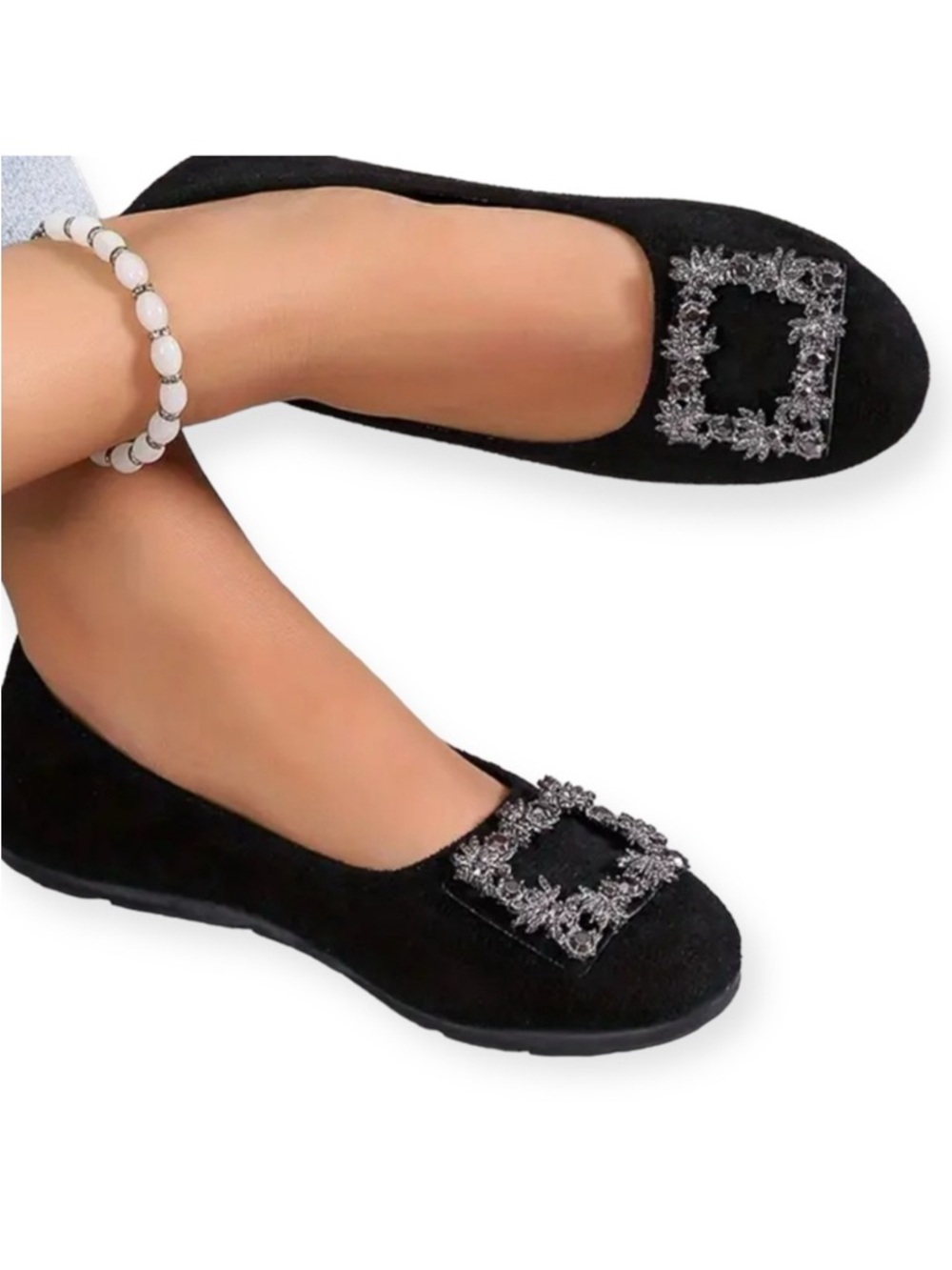 Black Ballet Flats with Rhinestone Buckle - 6 - EUC worn once